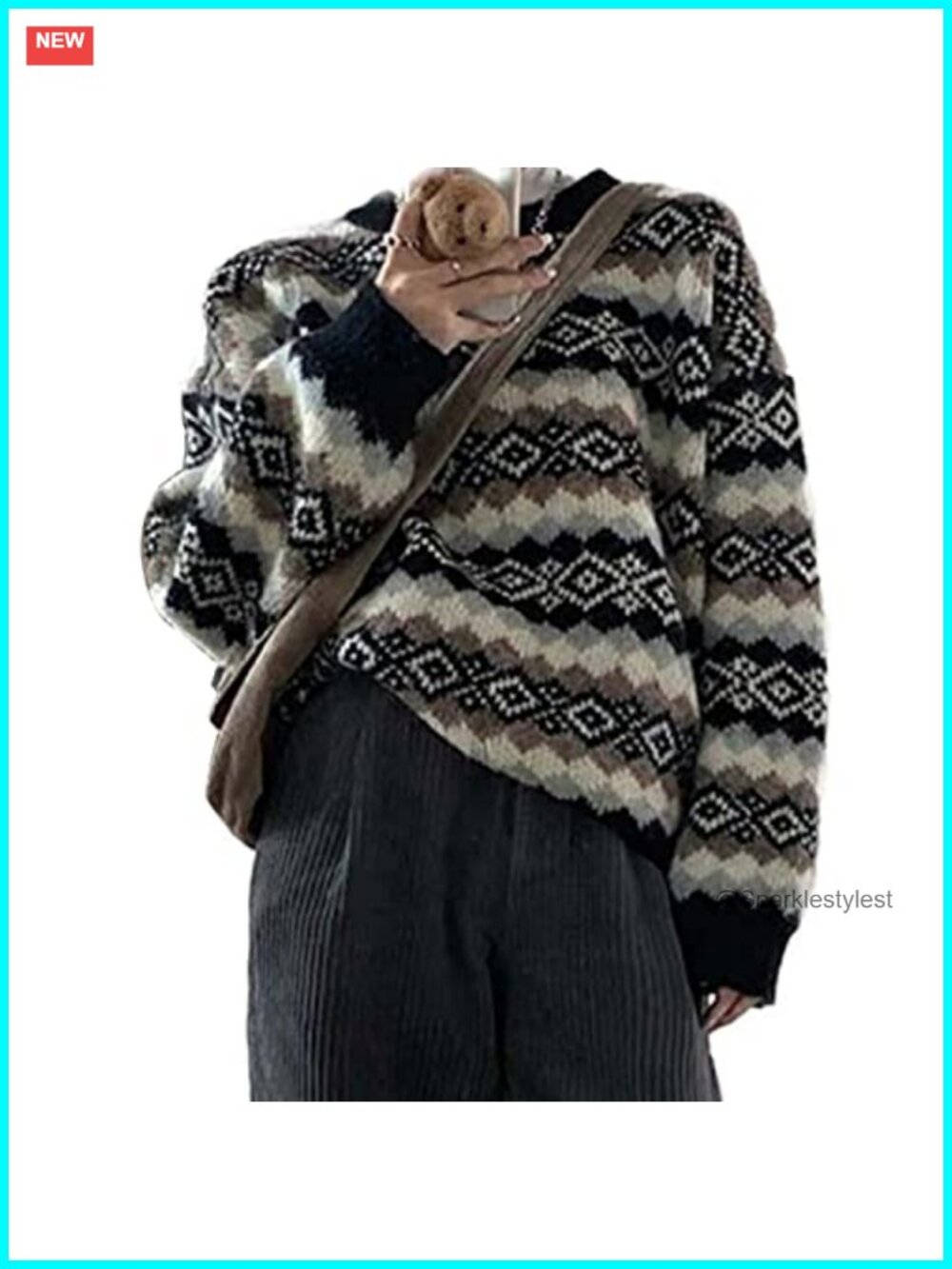 Womens Argyle Aztec Western Knit Pullover Sweater Crewneck